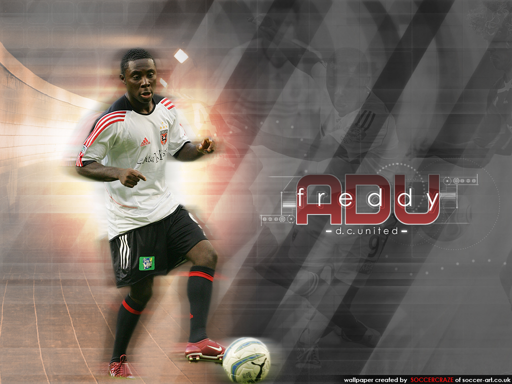 Graphic of soccer player Freddy Adu on a gray background